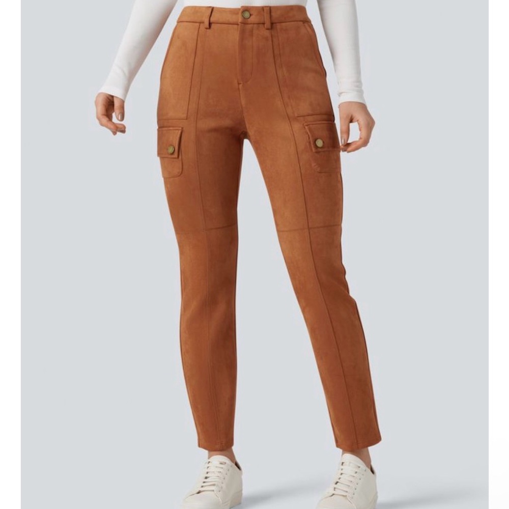 High Waisted Suede Equestrian Cargo Pants with Pockets